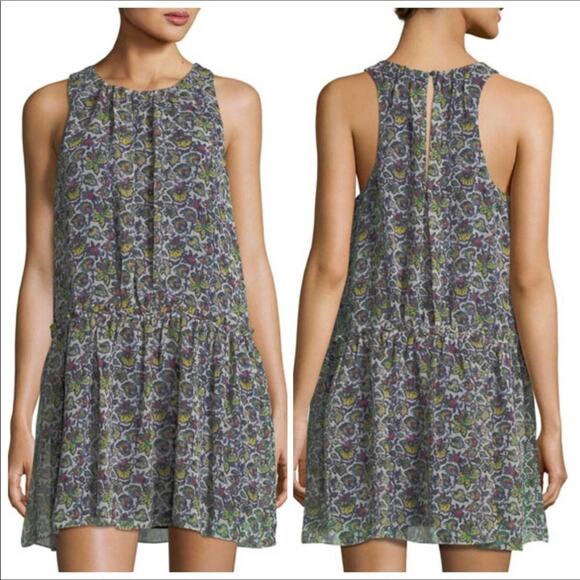 Likely NWT Floral Print Shift Sundress Cream Blue & Green Georgette Mini - Picture 1 of 8
